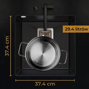 Sink Quality Argon 50, kuchynský granitový drez 420x420x225 mm + chrómový sifón, čierna, SKQ-ARG.C.1KBO.50.X