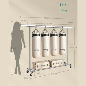 Stojan na oblečenie DOLLY na kolieskach, max. 150 kg, 45x160-200x161,5cm, strieborná SongmicsHome