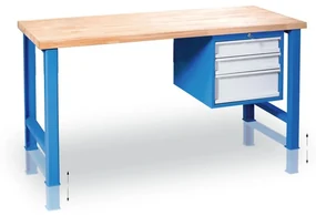 Výškovo nastaviteľný pracovný stôl GD so závesným boxom na náradie, buková škárovka, 3 zásuvky, 2000 x 800 x 850 - 1050 mm, modrá