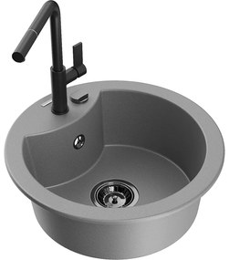 Mexen Diego, 1-komorový granitový drez 488x488x167 mm a drezová batéria Flora, šedá, 6512-71-670401-70-B