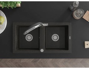 Mexen Mario, granitový drez 820x436x161 mm, 2-komorový a drezová batéria Duo, čierna-zlatá metalíza, 6504-75-671701-07