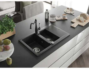 Mexen Gaspar, granitový drez 752x436x161 mm, 1,5-komorový a drezová batéria Carla, čierna, 6507-77-670700-00