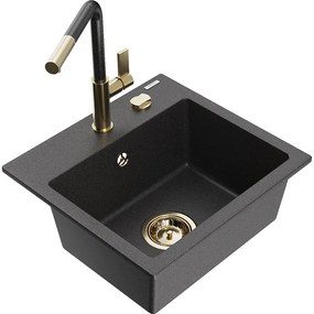 Mexen Milo, 1-komorový granitový drez 435x410x171 mm a drezová batéria Flora, čierna škvrnitá, 6505-76-670401-75-G
