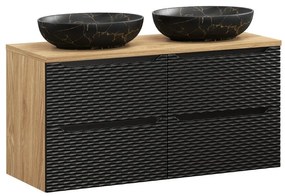 Závěsná skříňka Ocean Mona 120 cm s deskou a umyvadly černá/dub olejovaný