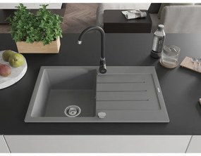 Mexen Bruno, 1-komorový granitový drez s odkvapkávačom 795x495x200 mm a čierna kuchynská batéria Telma, šedá, 6513-71-670200-70