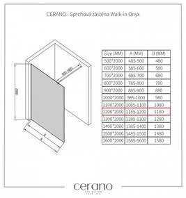 Cerano Onyx, sprchová zástena Walk-in 120x200 cm, 8mm číre sklo, chrómový profil + polička/držiak na uteráky, CER-CER-477218