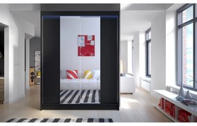 Skriňa s posuvnými dverami Belgia II, Farby: čierna / čierna + zrkadlo, Osvetlenie: osvetlenie LED RGB - farebné