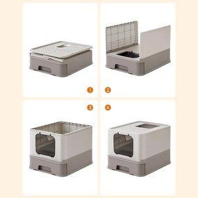 Toaleta pre mačky s vekom a výsuvným podnosom, krytá podstielka, sivá