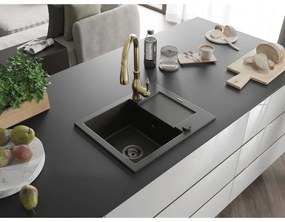 Mexen Enzo, 1-komorový granitový drez 576x465x174 mm a drezová batéria Savita, čierna-zlatá metalíza, 6506-75-672601-50-B