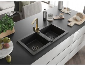 Mexen Mario, granitový drez 820x436x161 mm, 2-komorový, čierna s čiernym sifónom a zlatá drezová batéria Rita, 6504-77-670300-50