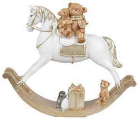 Bielo-zlatá dekorácia hojdací koník s medvedíkmi - 18*4*15 cm