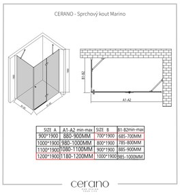 Cerano Marino, sprchovací kút 120(dvere) x 70(stena) x 190 cm, 6mm číre sklo, čierny profil, CER-CER-422898
