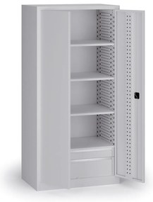 Policová dielenská skriňa na náradie KOVOS, perforovaný panel, 4 police, 2 zásuvky, 950 x 600 x 1950 mm, sivá