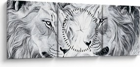 Obraz - Kreslené levie hlavy (s hodinami) (90x30 cm)