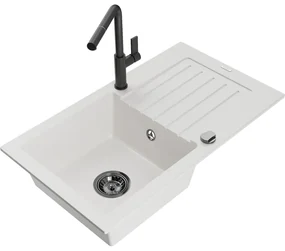 Mexen Pablo, 1-komorový granitový drez 752x436x161 mm a drezová batéria Flora, biela, 6510-20-670401-70-B