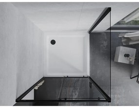 Mexen Apia, sprchový kút s posuvnými dverami 90 (dvere) x 90 (stena) cm, 6mm číre sklo, čierny profil + biela sprchová vanička, 840-090-090-70-00-4010B