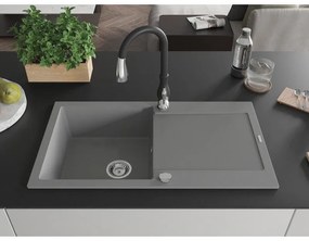 Mexen Leo, 1-komorový granitový drez 900x500x190 mm a drezová batéria Savita, šedá, 6501-71-672601-70