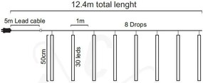 ACA Lighting LED vianočné záves Cencúle, 12,4m, studená biela, IP44, 240 LED
