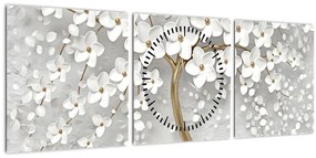 Obraz bieleho stromu s kvetinami (s hodinami) (90x30 cm)