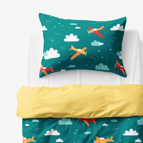 Goldea detské bavlnené obliečky duo - letecké dobrodružstvo so žltou 140 x 200 a 70 x 90 cm