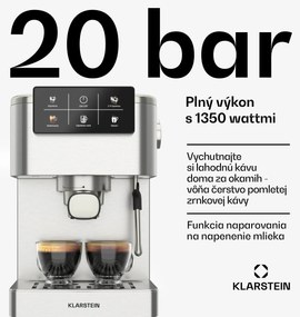 Klarstein SteelPresso Touch kávovar s portafiltrom, Dotykový displej, 20 bar, Nehrdzavejúca oceľ