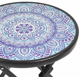Záhradný bistro stolík, skladací, Ø 45 cm, modrý/vzorovaný