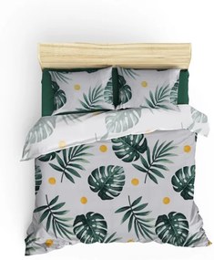 Súprava 4-dielnej bavlnenej posteľnej bielizne s prikrývkou Monstera zelená/biela