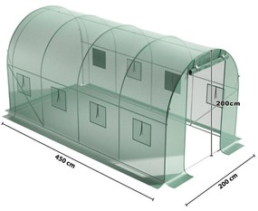 Skleníkový záhradný fóliový tunel, viacsezónny, kovový rám, zelená fólia, 4,5x2x2m