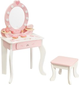 Veľká drevená toaletka ELLY pre deti s LED svetlom a taburetkou ružová