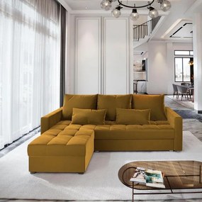 AKCIA Horčicová rozkladacia rohová pohovka ZENOVA 220x140 cm, obojstranná II. akosť