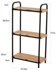 Erga Mike, kovový kúpeľňový trojpolicový regál na postavenie 41,5x11x77 cm, čierna-prírodná hnedá, ERG-YKA-P.MIKE