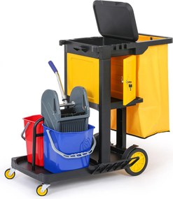 Profesionálny upratovací vozík so 2 vedrami, držiakmi mopov, skrinkou a vrecom s vekom, 1120 × 710 × 990 mm