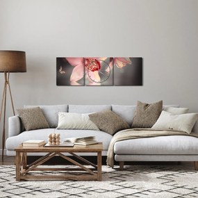 Obraz - Kvety a motýľ (s hodinami) (90x30 cm)