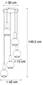 Závesné svietidlo Art Deco čierne s dymovým sklom okrúhle 5-svetlo - Josje