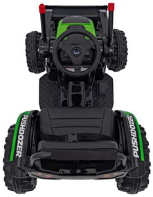 Zelený detský traktorový bager na batérie + pohyblivé rameno + diaľkové ovládanie + pomalý štart + FM rádio + LED