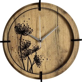 Tiché drevené hodiny s motívom lúčnych tráv pre váš  domov | SENTOP HDF0586-GOLD-OAK