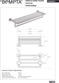 Bemeta Design NEO: Držiak uterákov, 600 mm, s hrazdou - 104205075