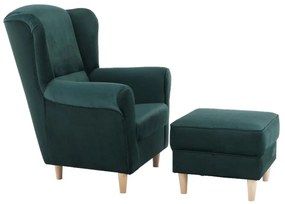 Tempo Kondela Kreslo ušiak s taburetom látka smaragdová, ASTRID