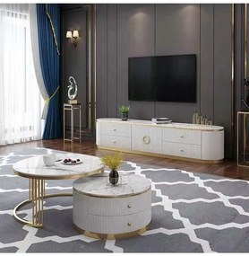 KONFERENČNÝ STOLÍK GASTON 2v1 BIELY MRAMOR + ZLATÝ