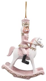 Bielo-ružová závesná dekorácia Luskáčik na hojdacom koni - 6*3*9 cm