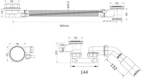 Erga Pureline, vaňová odtoková a prepadová súprava, dĺžka 800 mm, bowden, chrómová, ERG-V08-PURELINE-SIPHON80-CR