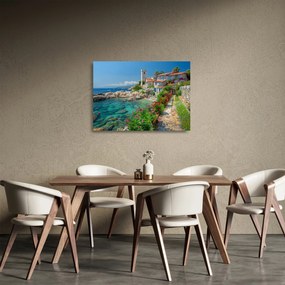 Sklenený obraz - Malebné pobrežie dediny (70x50 cm)