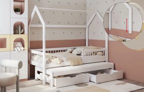 Detská domčeková posteľ z masívu borovice ASHER II so šuplíkmi a prístelkou - 200x90 cm - biela