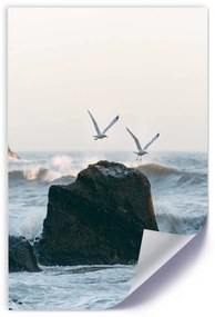 Gario Plagát Skala, morské vlny a čajky Farba rámu: Bez rámu, Veľkosť: 20 x 30 cm