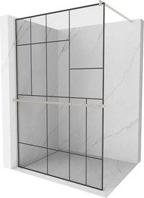 Mexen Kioto+, sprchová zástena Walk-In s poličkou a vešiakom 110 x 200 cm, 8mm číre sklo čierny vzor, brúsená oceľ profil, 800-110-121-97-78