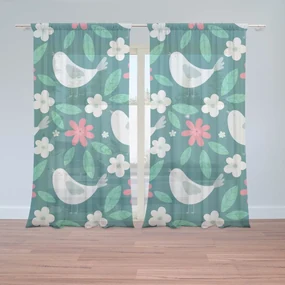 Sablio Záclony Červené kvietie s vtáčikmi: 2ks 150x250cm