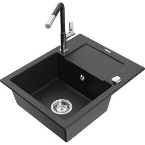 Mexen Enzo, 1-komorový granitový drez 576x465x174 mm a drezová batéria Flora, čierna-strieborná metalíza, 6506-73-670401-07