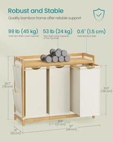 Prádlový kôš s 3 priehradkami, 3 x 50 l, 94 x 33 x 78 cm, krémová biela