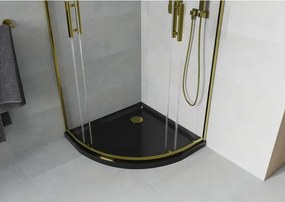 Mexen Rio, štvrťkruhový sprchovací kút s posuvnými dverami 90(dvere) x 90(dvere) x 190 cm, 6mm číre sklo, zlatý profil + čierna sprchová vanička SLIM, 863-090-090-50-00-4170G