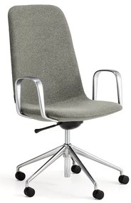 Stolička LANGLEY, stredný sedák, s kolieskami a podrúčkami, brúsený hliník/zelenošedá